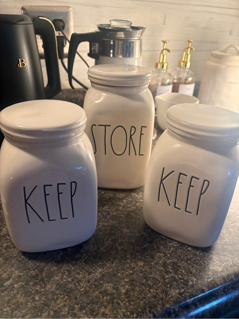 Rae Dunn White Ceramic 'KEEP' & 'STORE' Canister Trio